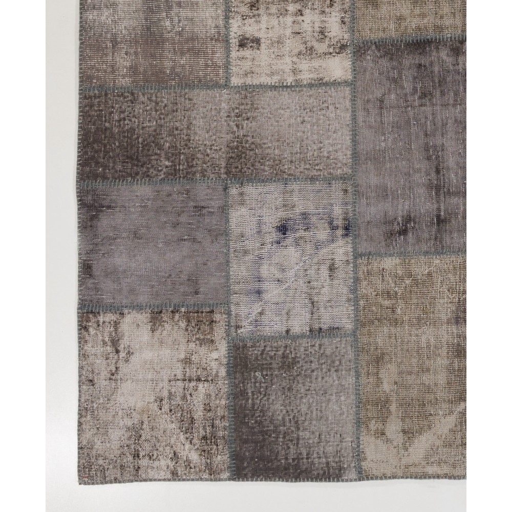 Distressed Vintage Gray Wool Patchwork Rug | Hand-Knotted Turkish Carpet for Living Room and Bedroom Distressed Vintage Gray Wool Patchwork Rug | Hand-Knotted Turkish Carpet for Living Room and Bedroom