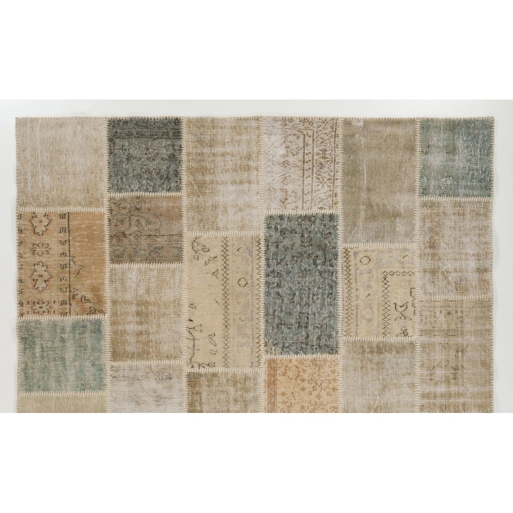 Modern Turkish Patchwork Rug in Muted Colors, Handmade Shabby Chic Wool Carpet