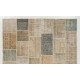 Modern Turkish Patchwork Rug in Muted Colors, Handmade Shabby Chic Wool Carpet