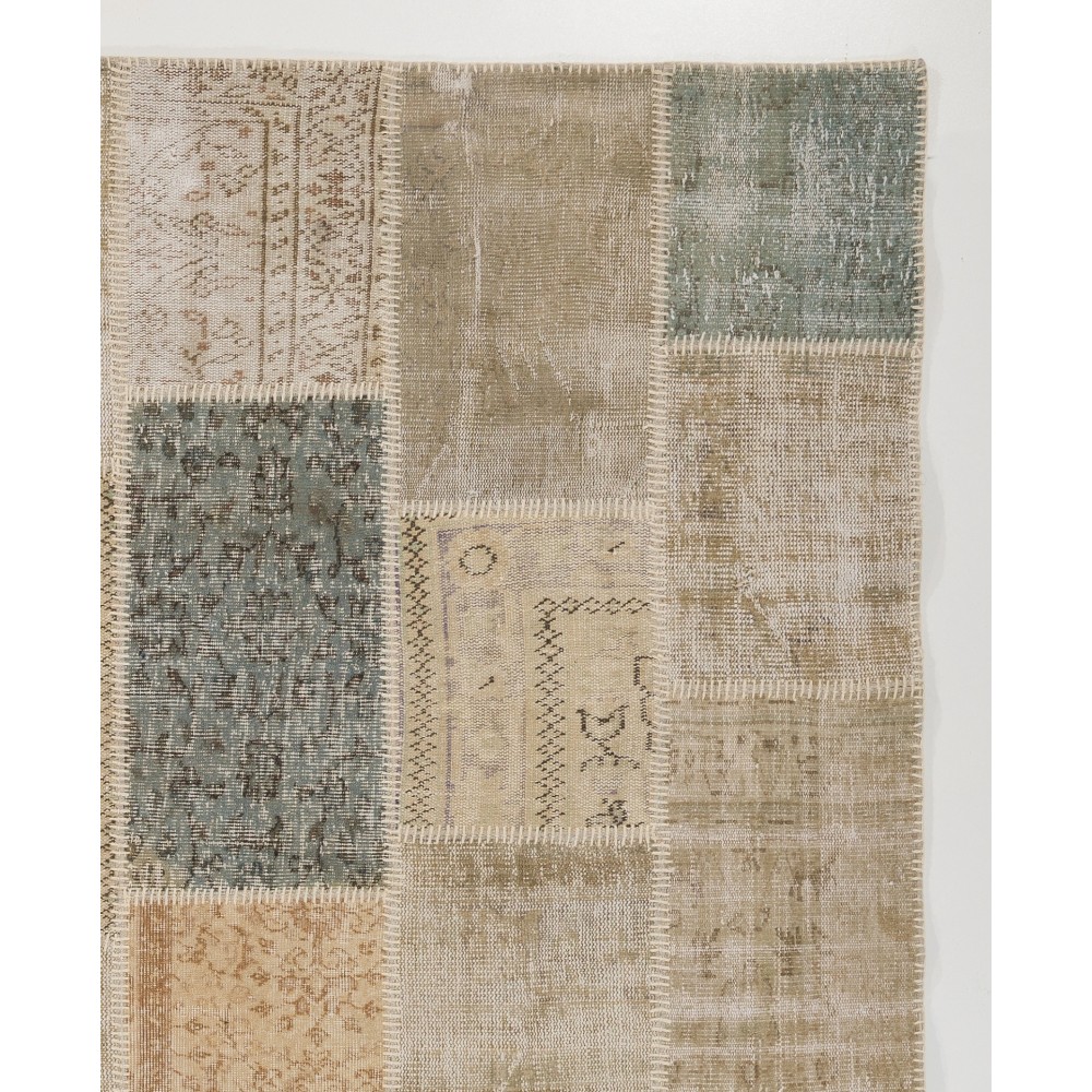 Vintage Muted Beige Patchwork Rug | Hand-Knotted Turkish Wool Carpet for Living Room, Dining Room and Bedroom Vintage Muted Beige Patchwork Rug | Hand-Knotted Turkish Wool Carpet for Living Room, Dining Room and Bedroom
