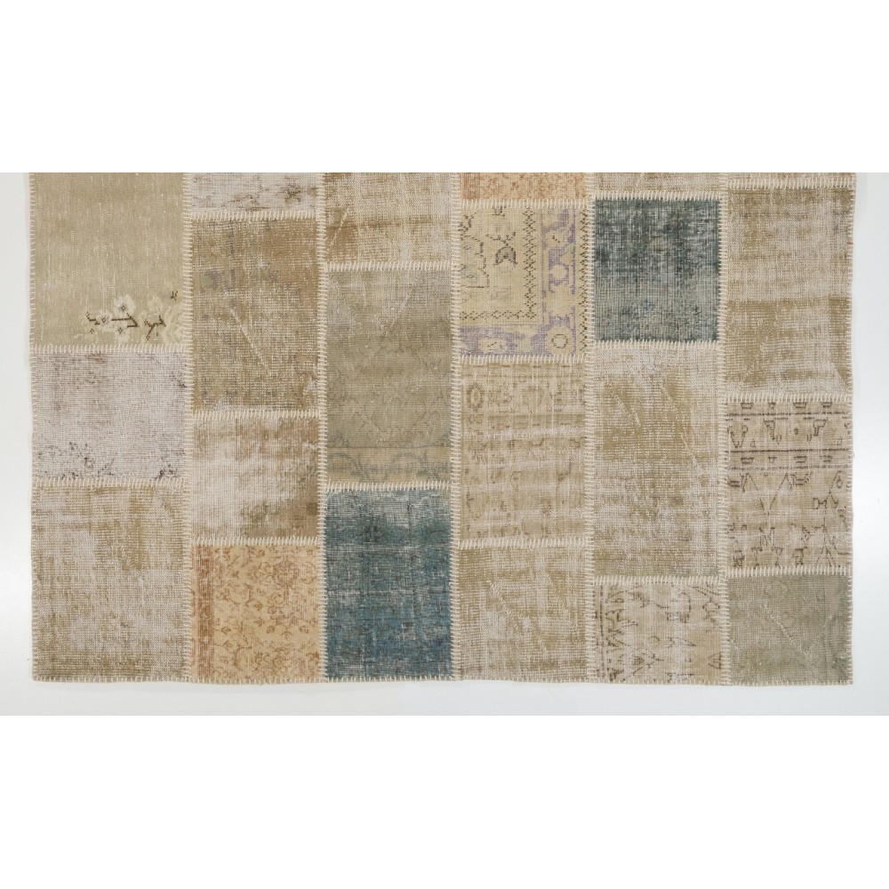 Modern Turkish Patchwork Rug in Muted Colors, Handmade Shabby Chic Wool Carpet