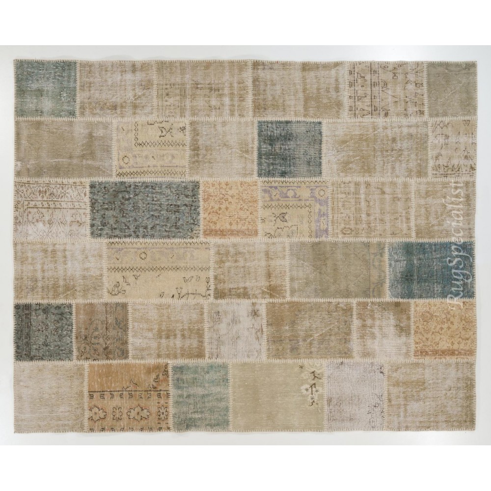 Modern Turkish Patchwork Rug in Muted Colors, Handmade Shabby Chic Wool Carpet