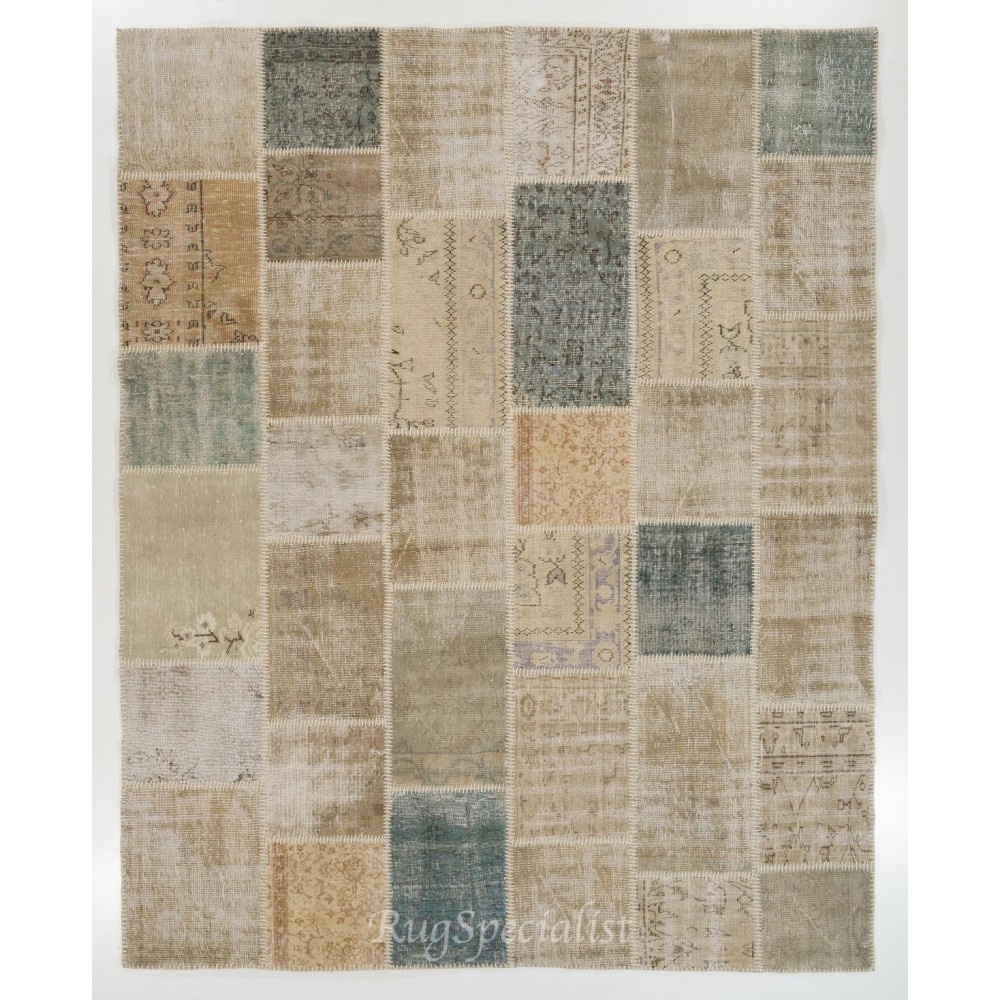 Modern Turkish Patchwork Rug in Muted Colors, Handmade Shabby Chic Wool Carpet
