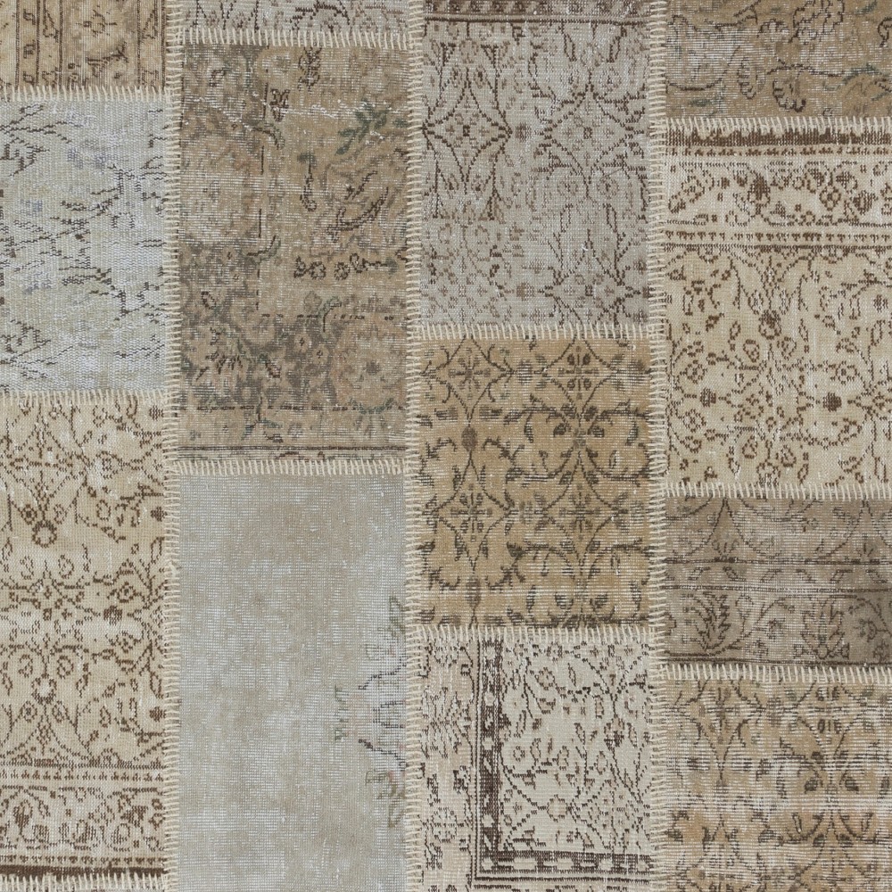 Vintage Neutral Beige Patchwork Rug | Hand-Knotted Turkish Wool Carpet for Living Room, Dining Room and Bedroom Vintage Neutral Beige Patchwork Rug | Hand-Knotted Turkish Wool Carpet for Living Room, Dining Room and Bedroom