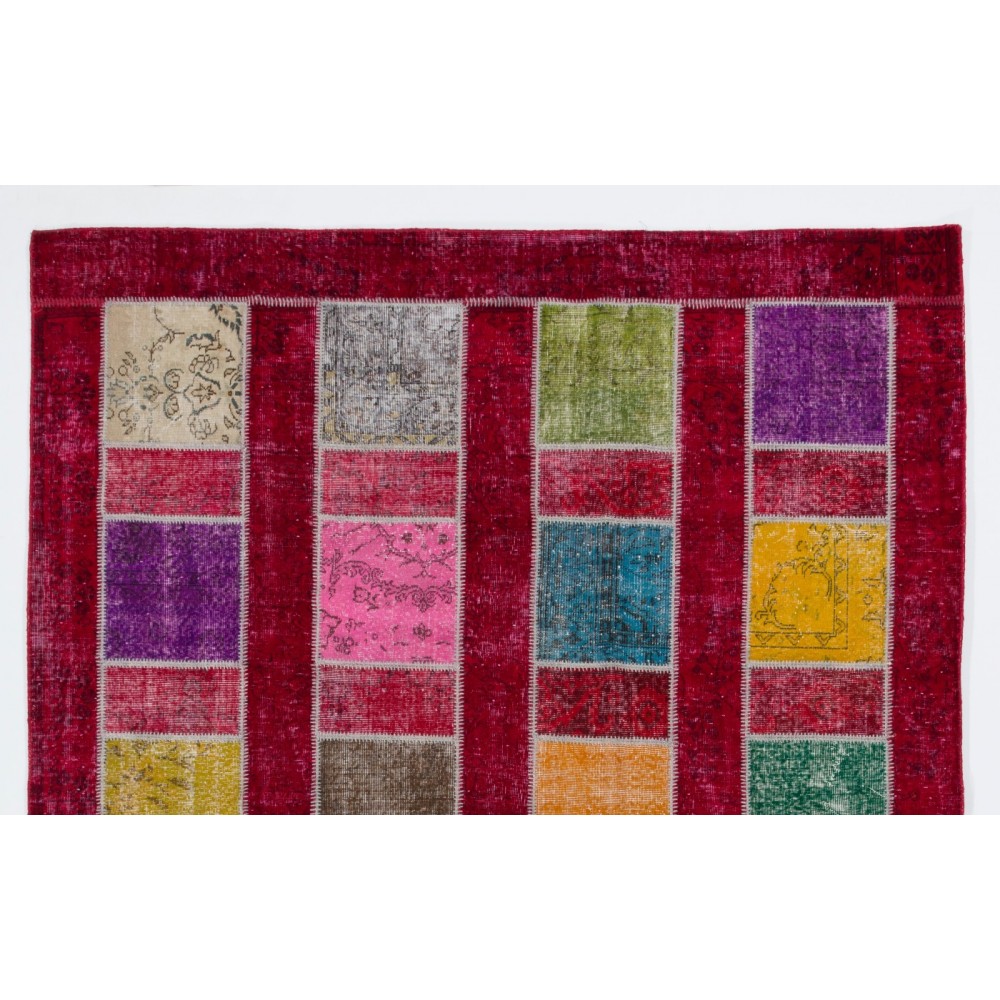 Colorful Handmade Patchwork Rug for Kitchen, Dining Room, Office & Living Room Decor, Red Ground Turkish Carpet 