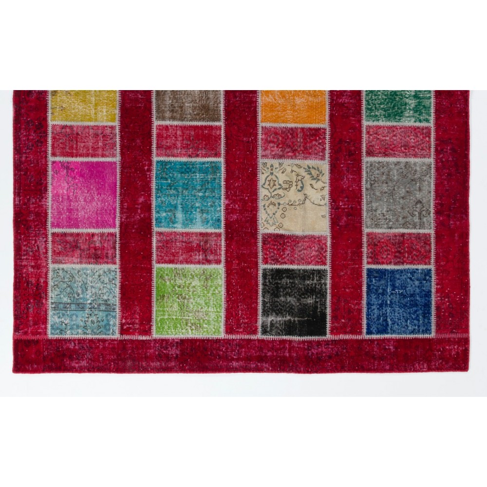 Colorful Handmade Patchwork Rug for Kitchen, Dining Room, Office & Living Room Decor, Red Ground Turkish Carpet 