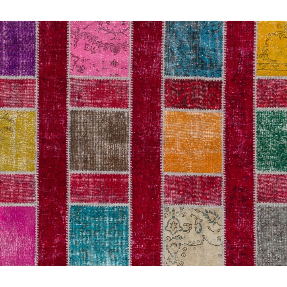 Colorful Handmade Patchwork Rug for Kitchen, Dining Room, Office & Living Room Decor, Red Ground Turkish Carpet 