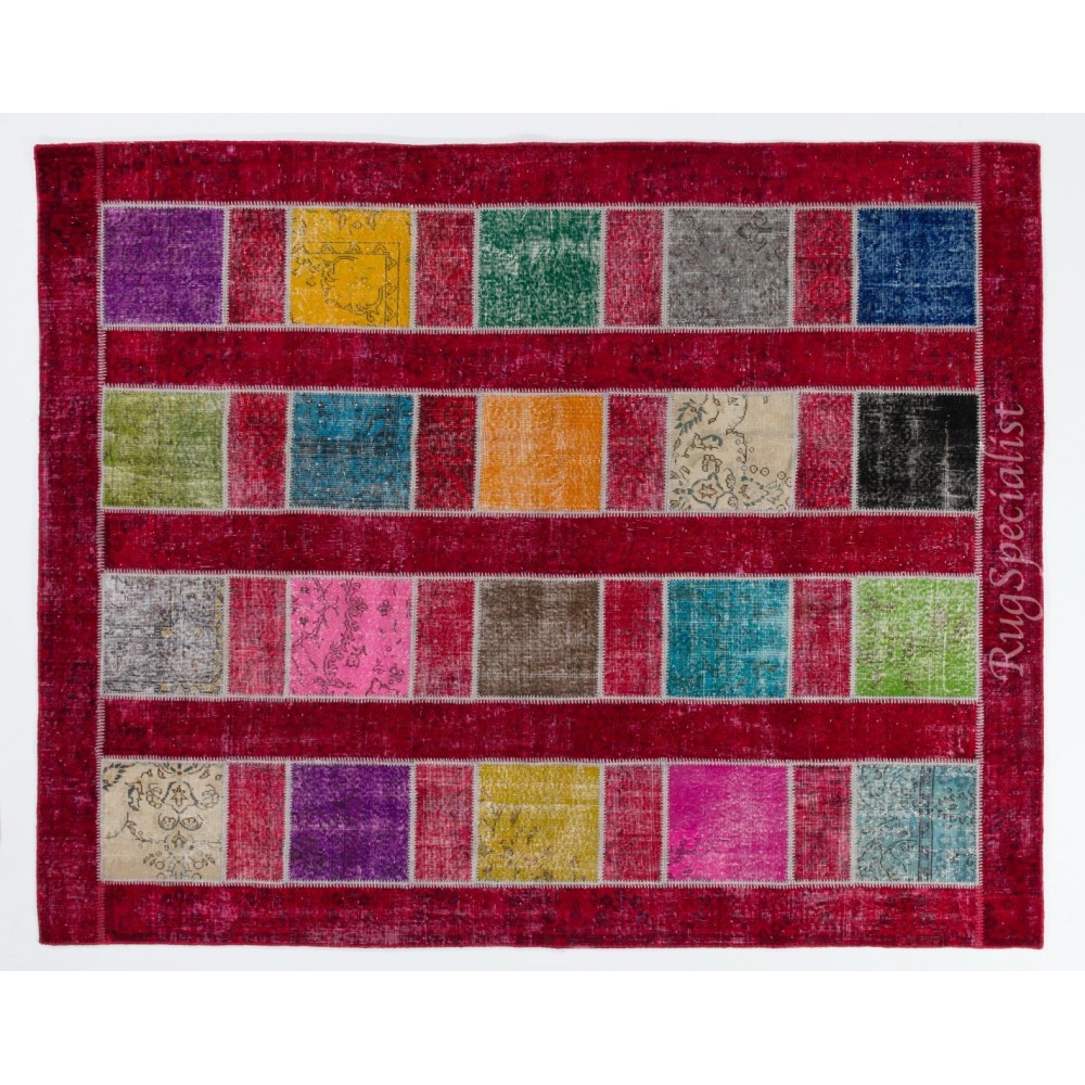 Colorful Handmade Patchwork Rug for Kitchen, Dining Room, Office & Living Room Decor, Red Ground Turkish Carpet 