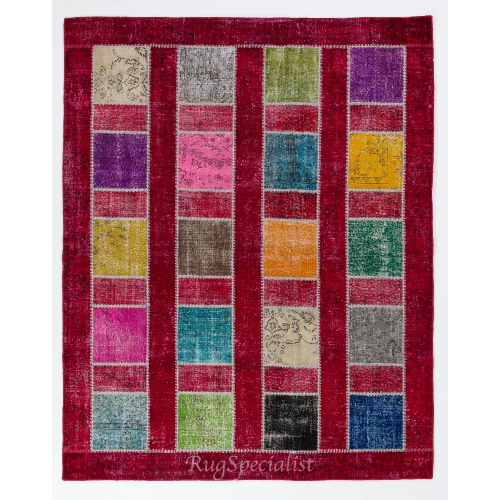 Colorful Handmade Patchwork Rug for Kitchen, Dining Room, Office & Living Room Decor, Red Ground Turkish Carpet 