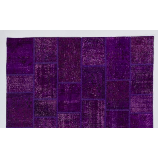 Purple Handmade Patchwork Rug, Contemporary Turkish Carpet, Woolen Floor Covering