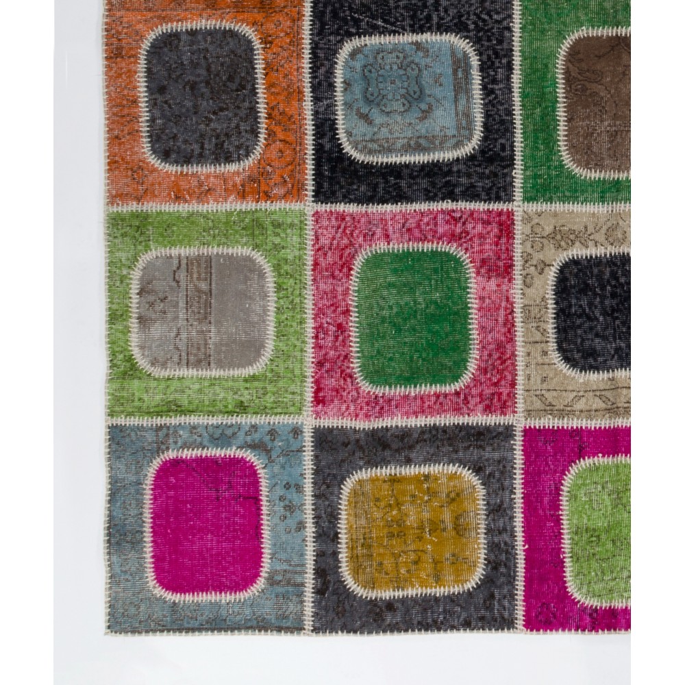 Bohemian Colorful Geometric Patchwork Rug | Hand-Knotted Turkish Wool Carpet for Modern Living Room Bohemian Colorful Geometric Patchwork Rug | Hand-Knotted Turkish Wool Carpet for Modern Living Room