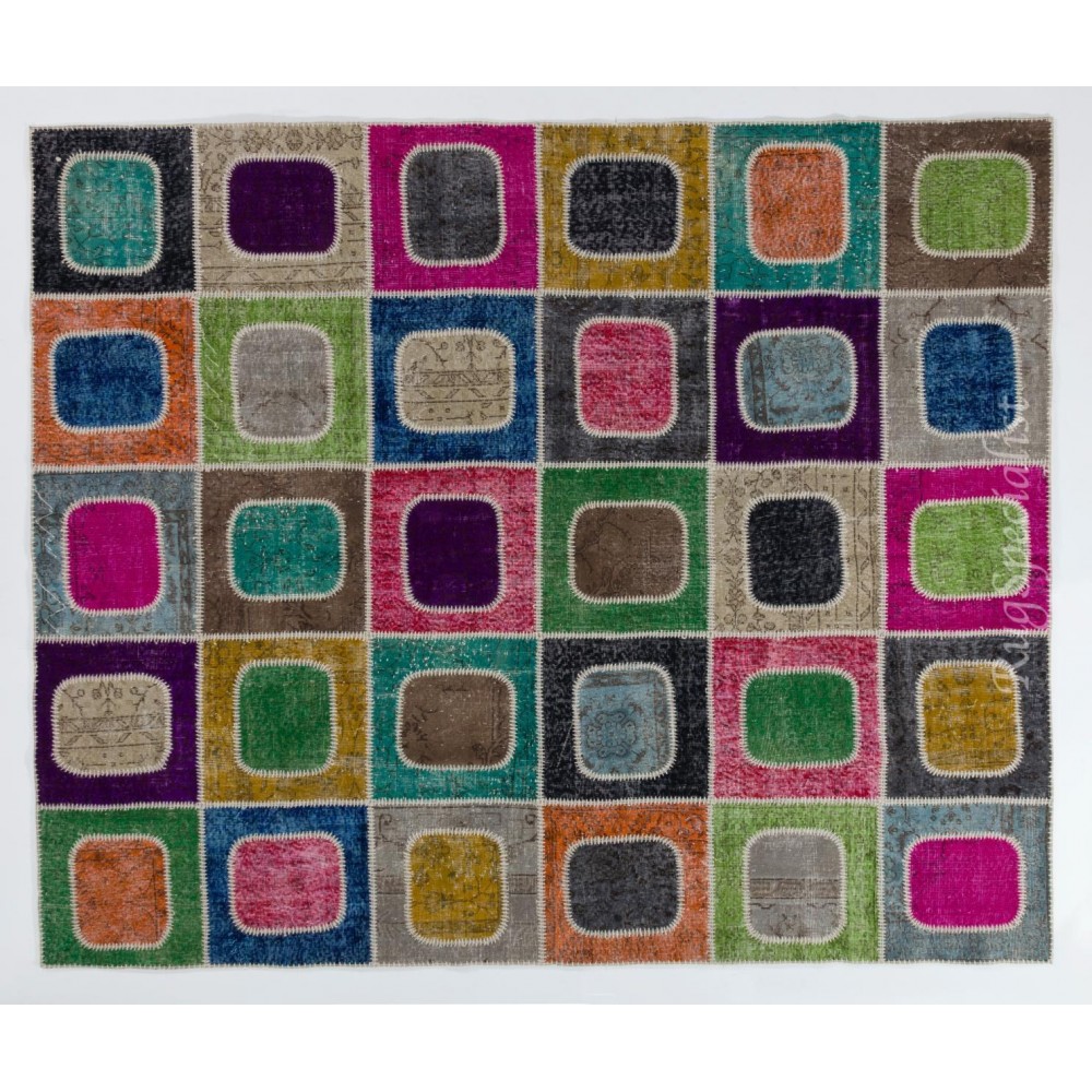 Bohemian Colorful Handmade Patchwork Rug for Kitchen, Dining Room, Office & Living Room Decor, Vintage Central Anatolian Wool Carpet