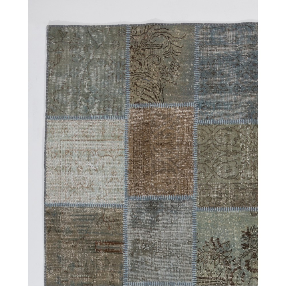 Vintage Gray, Brown and Blue Patchwork Rug | Hand-Knotted Overdyed Turkish Wool Carpet for Living Room, Bedroom and Kitchen Vintage Gray, Brown and Blue Patchwork Rug | Hand-Knotted Overdyed Turkish Wool Carpet for Living Room, Bedroom and Kitchen