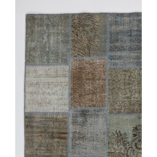 Vintage Gray, Brown and Blue Patchwork Rug | Hand-Knotted Overdyed Turkish Wool Carpet for Living Room, Bedroom and Kitchen Vintage Gray, Brown and Blue Patchwork Rug | Hand-Knotted Overdyed Turkish Wool Carpet for Living Room, Bedroom and Kitchen