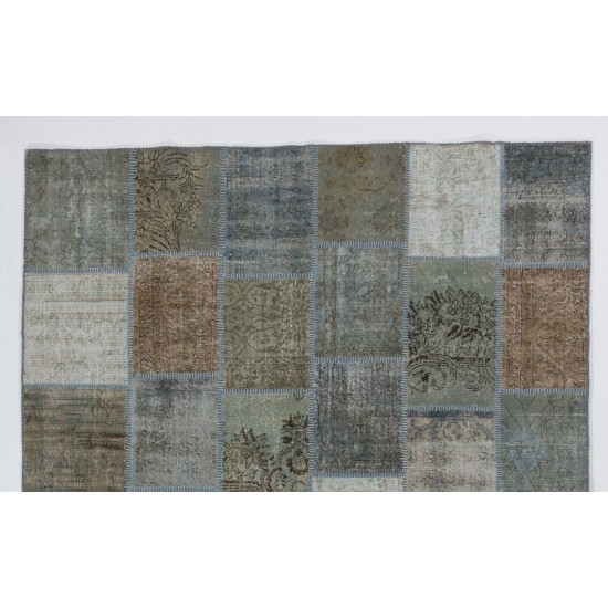 Patchwork Rug in Brown, Blue, Gray & Green Colors. Colorful Handmade Turkish Carpet for Kitchen, Bedroom and Living Room Decor