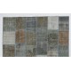 Patchwork Rug in Brown, Blue, Gray & Green Colors. Colorful Handmade Turkish Carpet for Kitchen, Bedroom and Living Room Decor