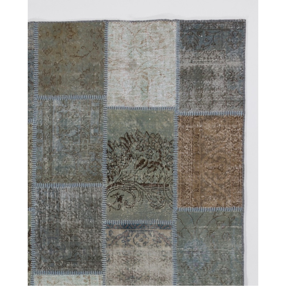 Vintage Gray, Brown and Blue Patchwork Rug | Hand-Knotted Overdyed Turkish Wool Carpet for Living Room, Bedroom and Kitchen Vintage Gray, Brown and Blue Patchwork Rug | Hand-Knotted Overdyed Turkish Wool Carpet for Living Room, Bedroom and Kitchen