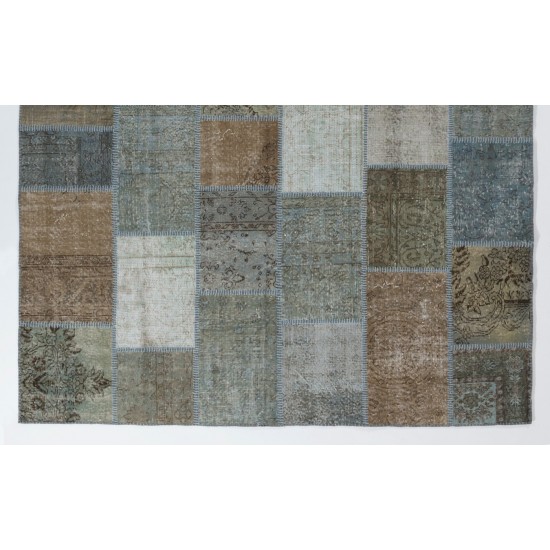 Patchwork Rug in Brown, Blue, Gray & Green Colors. Colorful Handmade Turkish Carpet for Kitchen, Bedroom and Living Room Decor