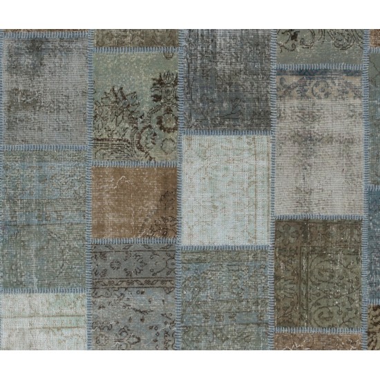 Patchwork Rug in Brown, Blue, Gray & Green Colors. Colorful Handmade Turkish Carpet for Kitchen, Bedroom and Living Room Decor