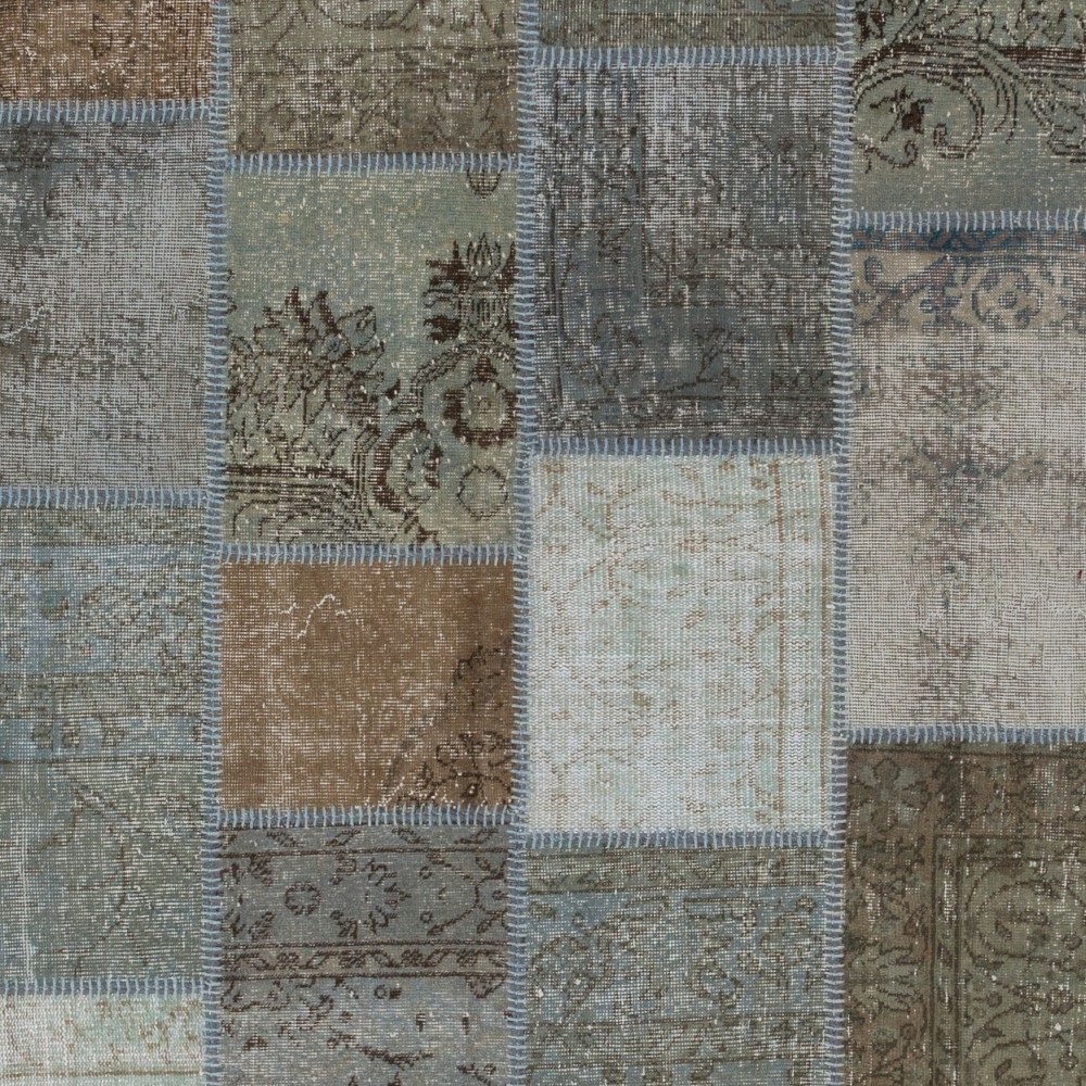 Vintage Gray, Brown and Blue Patchwork Rug | Hand-Knotted Overdyed Turkish Wool Carpet for Living Room, Bedroom and Kitchen Vintage Gray, Brown and Blue Patchwork Rug | Hand-Knotted Overdyed Turkish Wool Carpet for Living Room, Bedroom and Kitchen