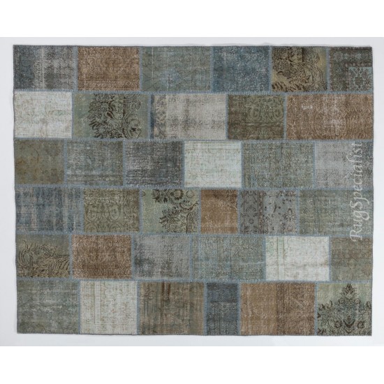 Patchwork Rug in Brown, Blue, Gray & Green Colors. Colorful Handmade Turkish Carpet for Kitchen, Bedroom and Living Room Decor