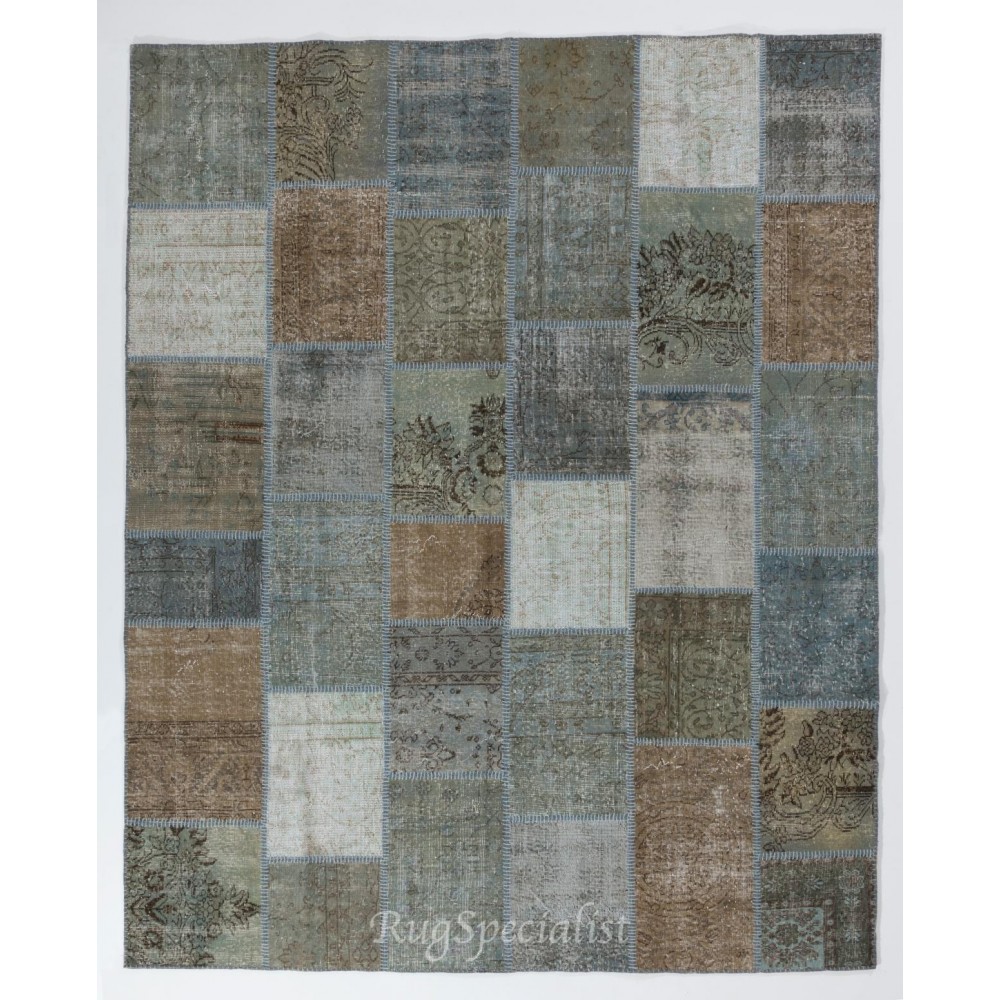 Patchwork Rug in Brown, Blue, Gray & Green Colors. Colorful Handmade Turkish Carpet for Kitchen, Bedroom and Living Room Decor