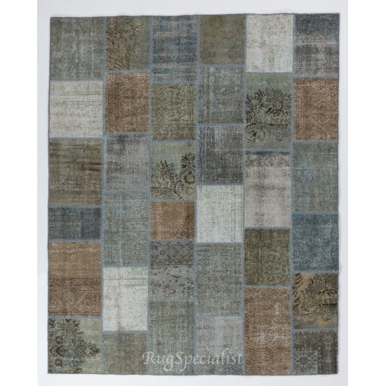 Patchwork Rug in Brown, Blue, Gray & Green Colors. Colorful Handmade Turkish Carpet for Kitchen, Bedroom and Living Room Decor