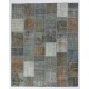 Patchwork Rug in Brown, Blue, Gray & Green Colors. Colorful Handmade Turkish Carpet for Kitchen, Bedroom and Living Room Decor