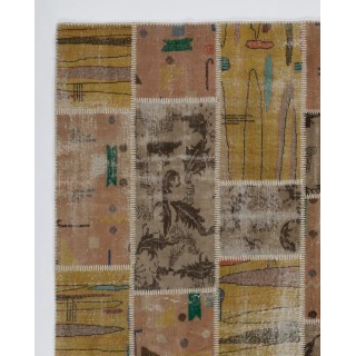 Vintage Mustard Yellow, Pink and Beige Patchwork Rug | Hand-Knotted Turkish Wool Carpet for Living Room, Dining Room and Kitchen