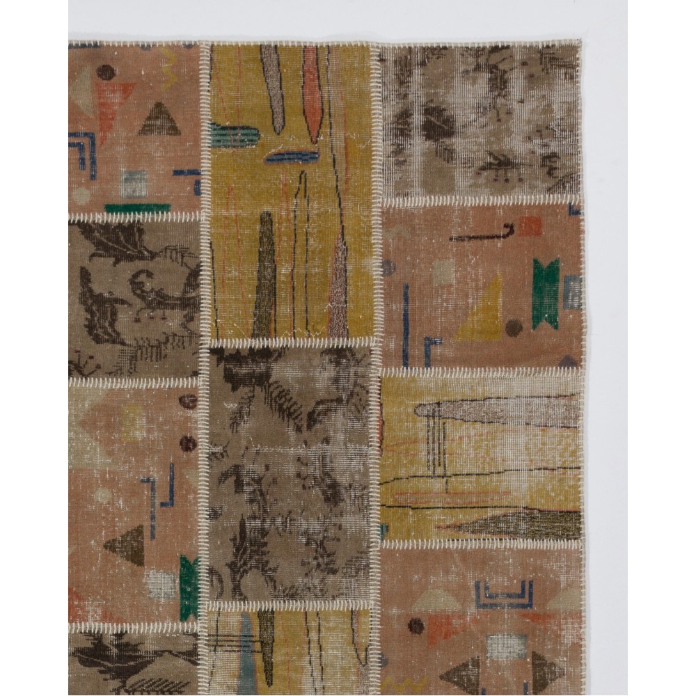 Vintage Mustard Yellow, Pink and Beige Patchwork Rug | Hand-Knotted Turkish Wool Carpet for Living Room, Dining Room and Kitchen