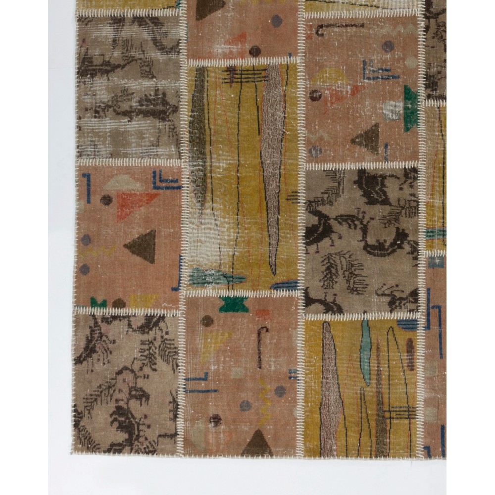 Vintage Mustard Yellow, Pink and Beige Patchwork Rug | Hand-Knotted Turkish Wool Carpet for Living Room, Dining Room and Kitchen