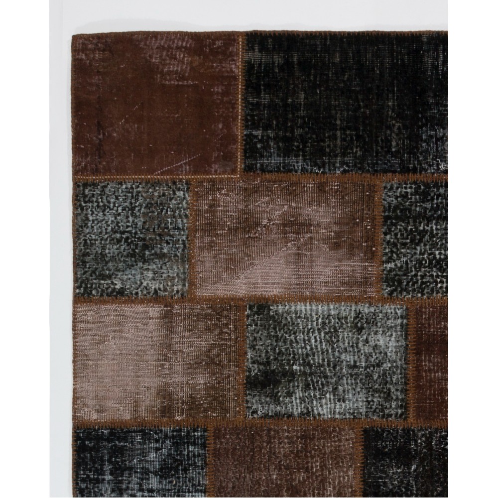 Contemporary Brown and Black Patchwork Rug | Hand-Knotted Overdyed Turkish Wool Carpet for Living Room, Bedroom and Guest Room