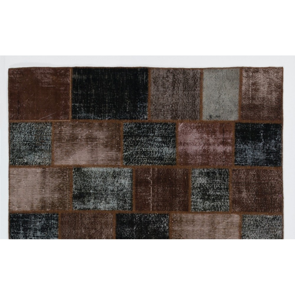Contemporary Handmade Turkish Patchwork Rug in Brown and Black Colors