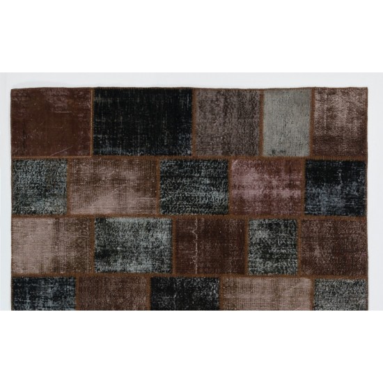 Contemporary Handmade Patchwork Rug in Brown and Black Colors, Vintage Re-Dyed Carpet from Central Anatolia / Turkey