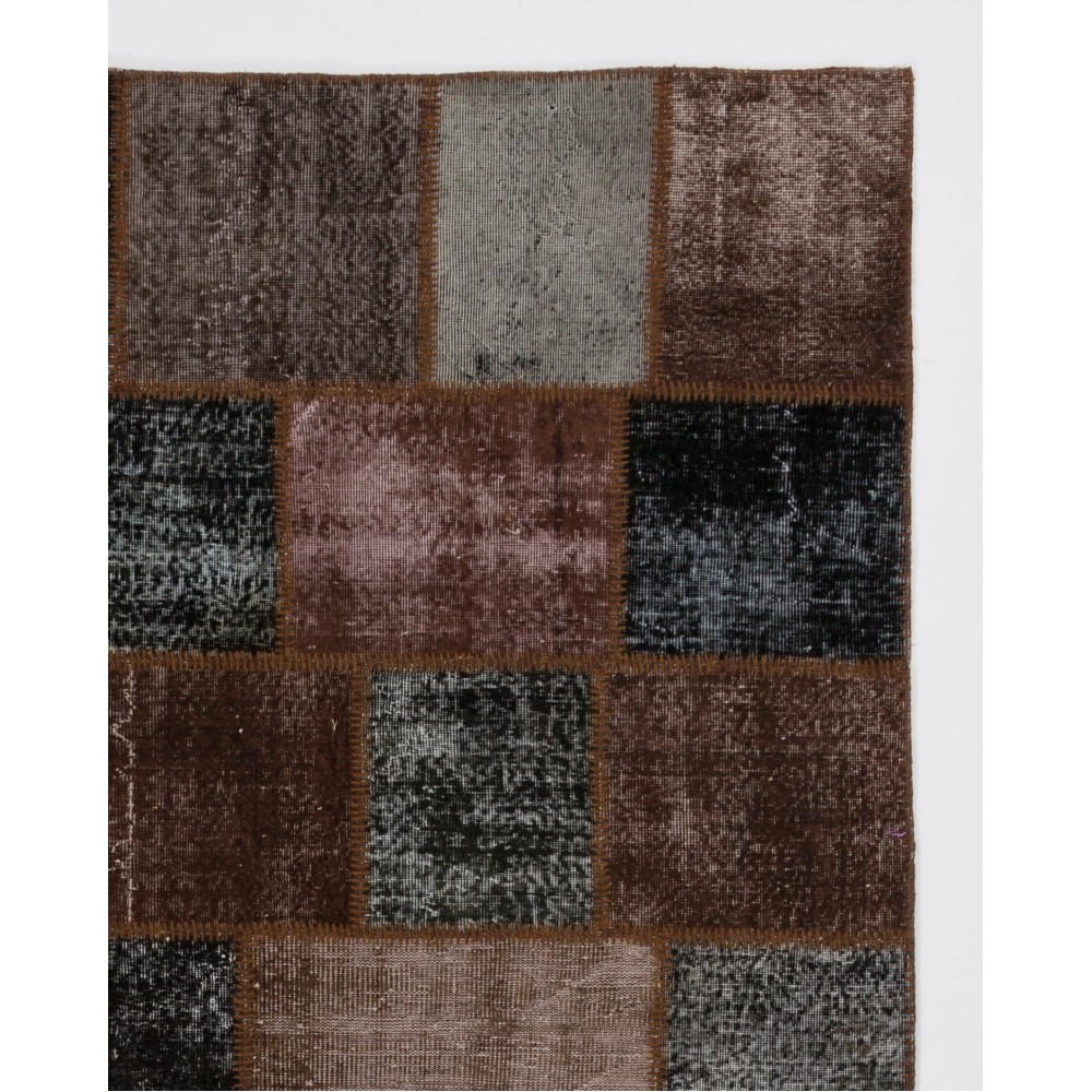 Contemporary Brown and Black Patchwork Rug | Hand-Knotted Overdyed Turkish Wool Carpet for Living Room, Bedroom and Guest Room
