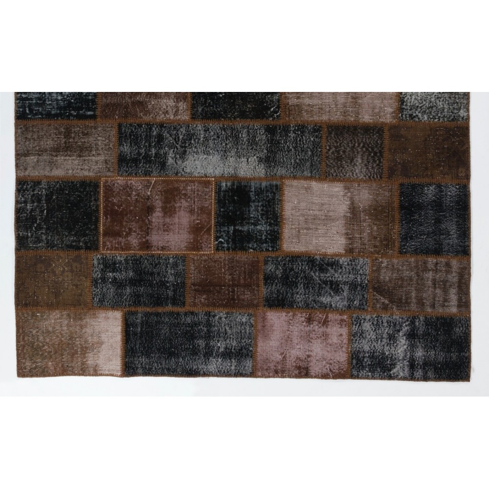 Contemporary Handmade Turkish Patchwork Rug in Brown and Black Colors