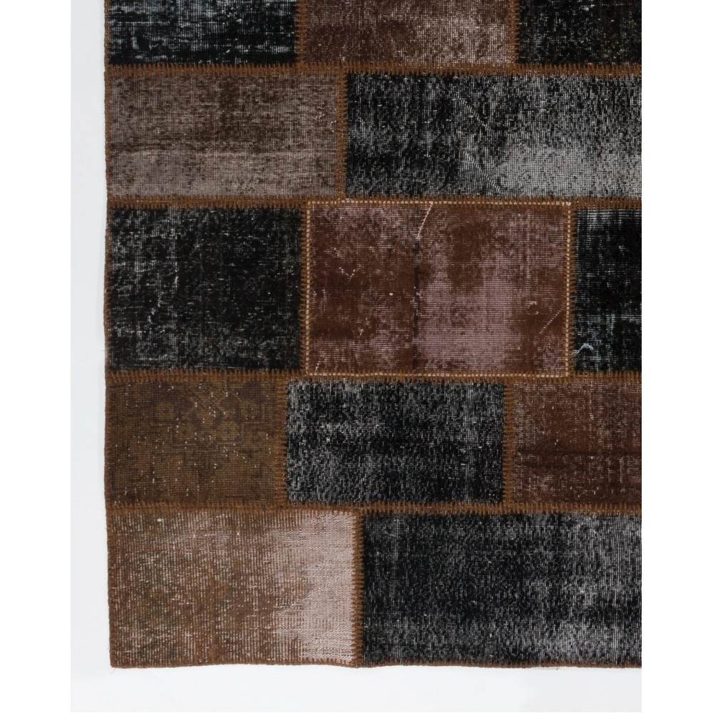 Contemporary Brown and Black Patchwork Rug | Hand-Knotted Overdyed Turkish Wool Carpet for Living Room, Bedroom and Guest Room