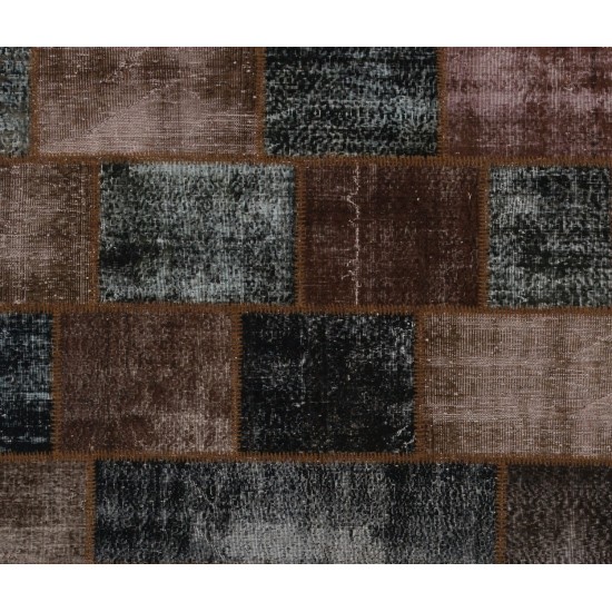 Contemporary Handmade Patchwork Rug in Brown and Black Colors, Vintage Re-Dyed Carpet from Central Anatolia / Turkey