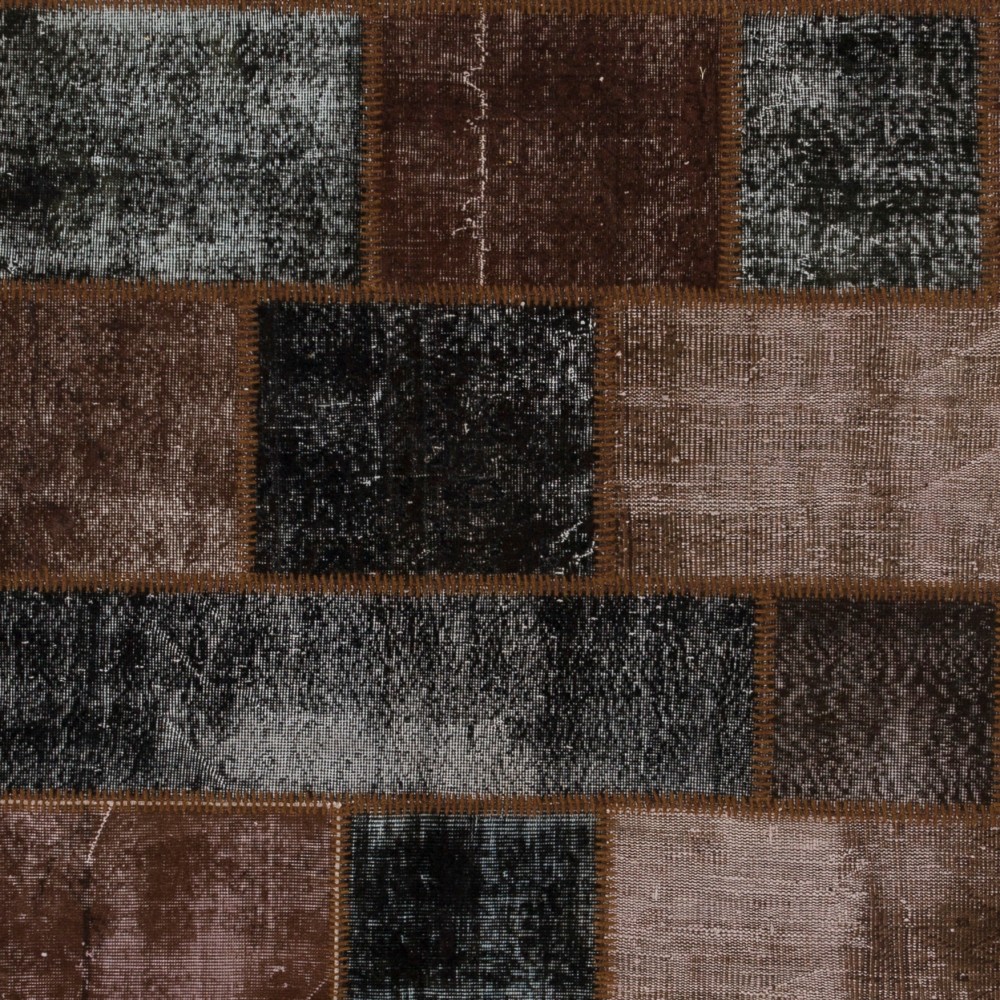 Contemporary Brown and Black Patchwork Rug | Hand-Knotted Overdyed Turkish Wool Carpet for Living Room, Bedroom and Guest Room