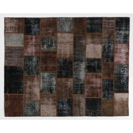 Contemporary Handmade Patchwork Rug in Brown and Black Colors, Vintage Re-Dyed Carpet from Central Anatolia / Turkey