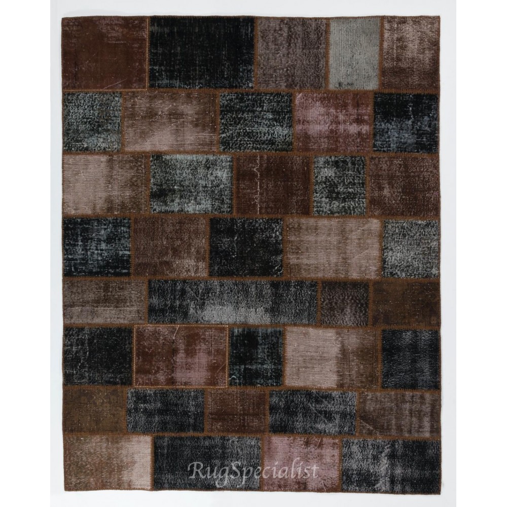 Contemporary Handmade Turkish Patchwork Rug in Brown and Black Colors