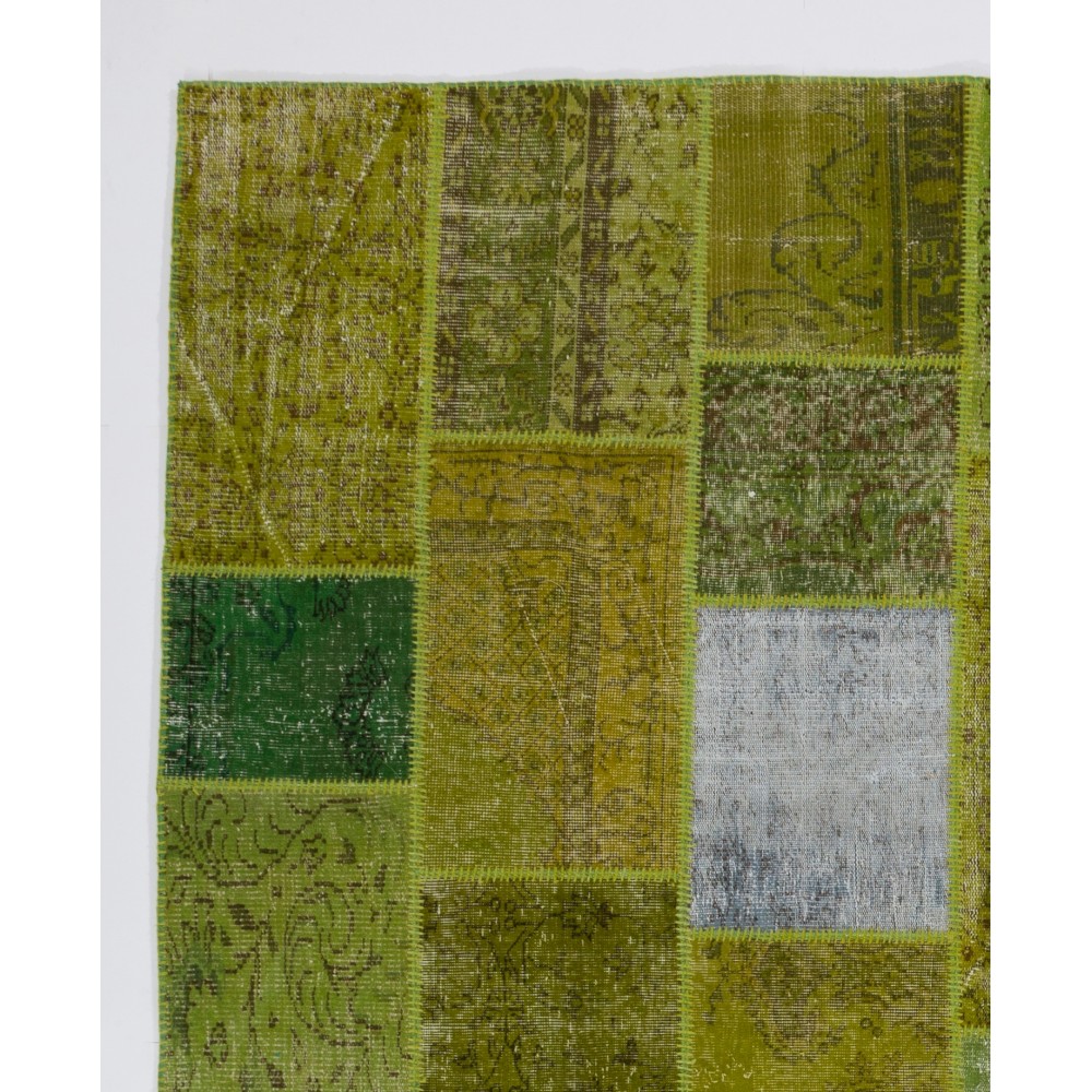 Handknotted Green Overdyed Patchwork Rug | Contemporary Turkish Wool Carpet for Living Room, Bedroom and Kitchen Handknotted Green Overdyed Patchwork Rug | Contemporary Turkish Wool Carpet for Living Room, Bedroom and Kitchen