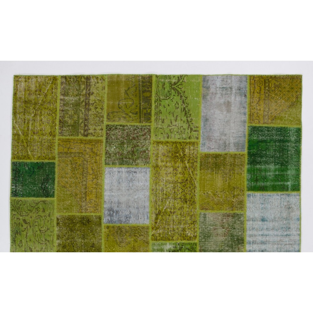 Handmade Patchwork Rug in Shades of Light Green, Modern Look Turkish Wool Carpet