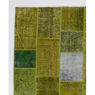 Handknotted Green Overdyed Patchwork Rug | Contemporary Turkish Wool Carpet for Living Room, Bedroom and Kitchen