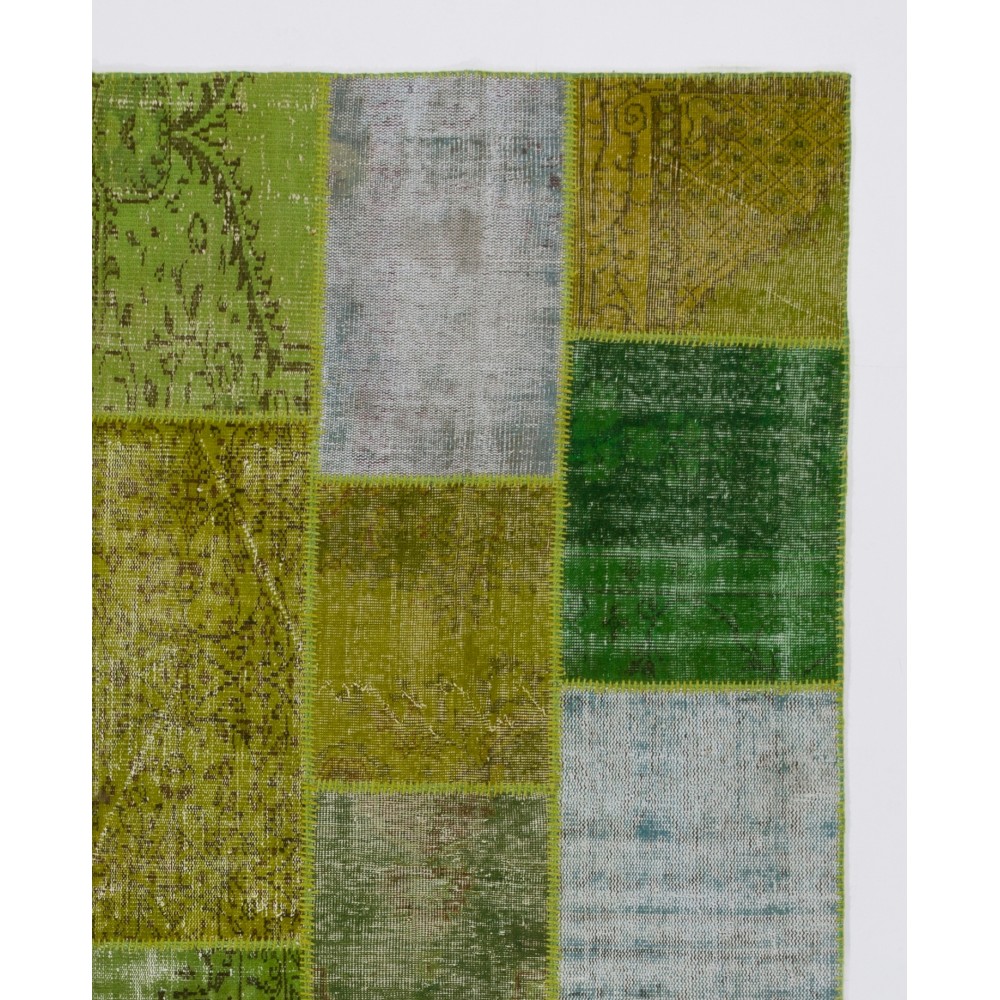 Handknotted Green Overdyed Patchwork Rug | Contemporary Turkish Wool Carpet for Living Room, Bedroom and Kitchen Handknotted Green Overdyed Patchwork Rug | Contemporary Turkish Wool Carpet for Living Room, Bedroom and Kitchen