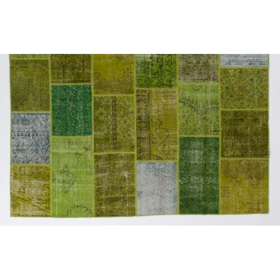 Handmade Patchwork Rug in Shades of Light Green, Custom Turkish Wool Carpet for Modern Home and Office Decor