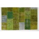 Handmade Patchwork Rug in Shades of Light Green, Modern Look Turkish Wool Carpet