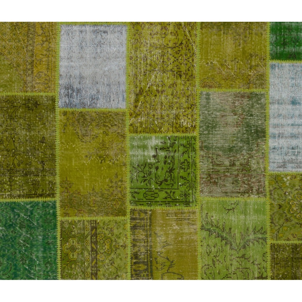 Handmade Patchwork Rug in Shades of Light Green, Modern Look Turkish Wool Carpet