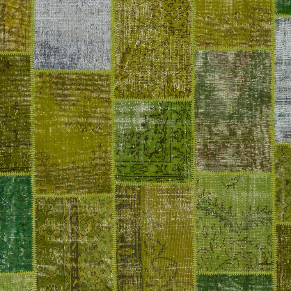 Handknotted Green Overdyed Patchwork Rug | Contemporary Turkish Wool Carpet for Living Room, Bedroom and Kitchen Handknotted Green Overdyed Patchwork Rug | Contemporary Turkish Wool Carpet for Living Room, Bedroom and Kitchen