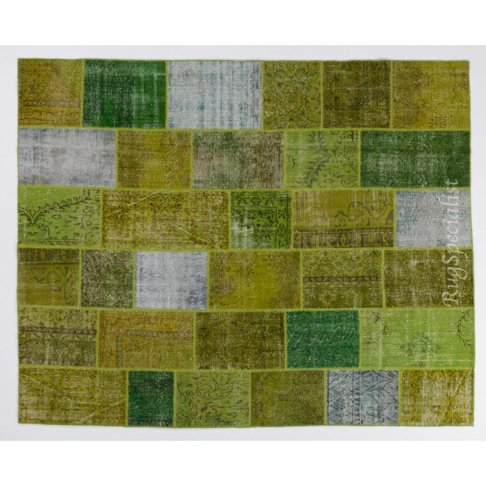 Handmade Patchwork Rug in Shades of Light Green, Modern Look Turkish Wool Carpet